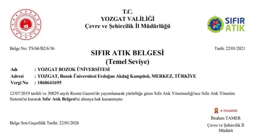 ÜNİVERSİTEMİZ “SIFIR ATIK BELGESİ” ALMAYA HAK KAZANDI